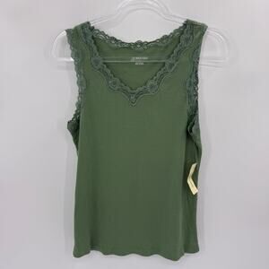 New ST JOHNS BAY Womens Y2K Ribbed Lace Trim Cami Tank Top Size L Green Fairy